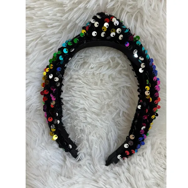 Headband metallic Velvet & Sequin Plush Headband. Rainbow Sequin Twist - Image 2