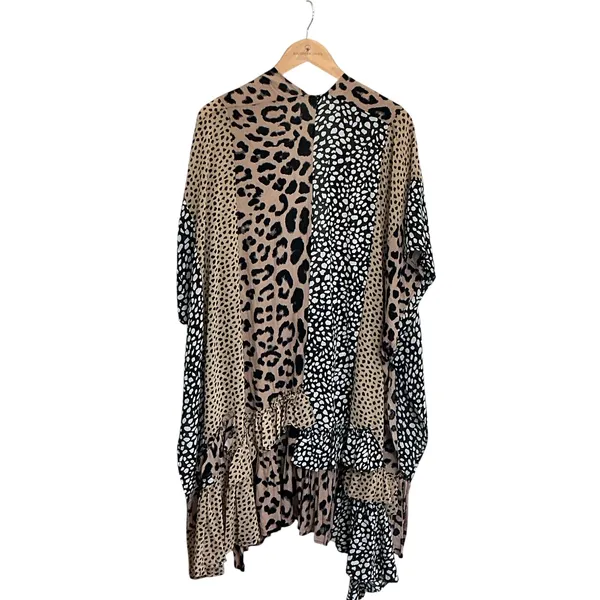 Umgee Womens‎ Leopard Patchwork Ruffle Kimono Wrap Brown Black SM - Image 9