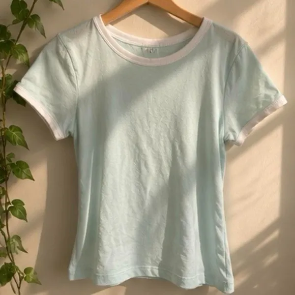 H&M Divided Baby Tee Light Blue Pink Ringer Trim Y2K Coquette S - Image 4