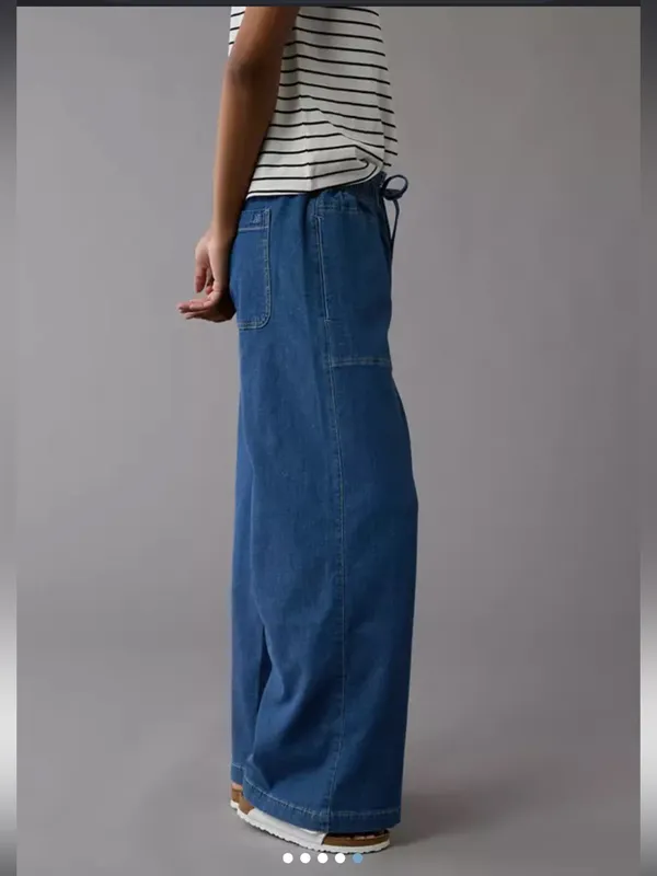 NWT!! American Eagle Dreamy Drape Linen Blend Pull-On Pants in Indigo - Image 4
