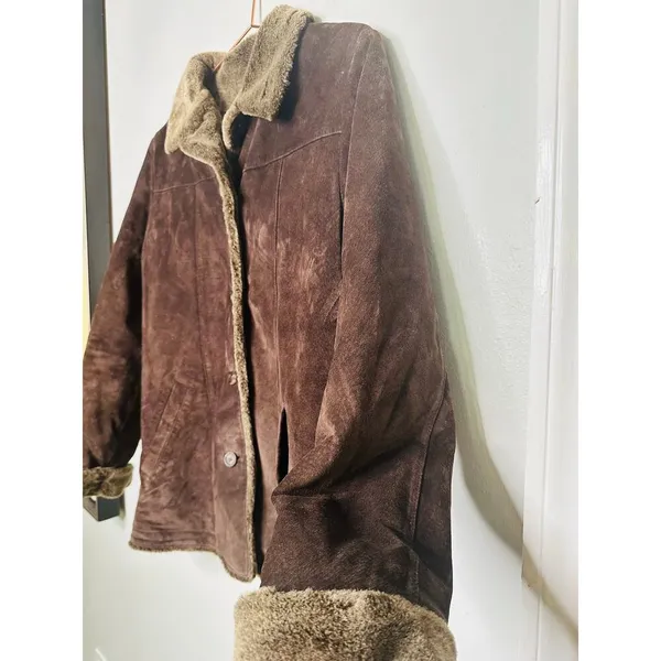 VINTAGE EDDIE BAUER Brown Faux Fur Lined Suede Leather Oversized Coat Size M - Image 11