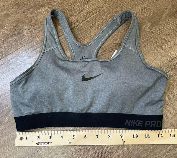 Nike Dri Fit Sports Bra Removable Pads Grey Black Swoosh Racerback ~ Size M - Image 11
