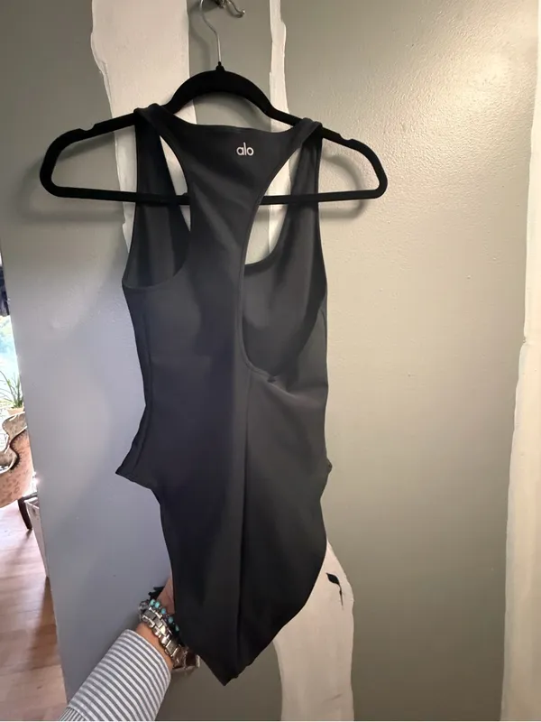 Alo Yoga Sleek Black Asymmetrical back One-Piece Bodysuit - Image 3