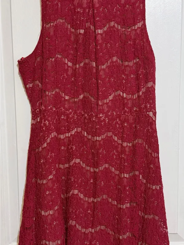 Burgundy Lace Fit & Flare Dress Sleeveless Cocktail Wedding Guest Women’s large - Image 2