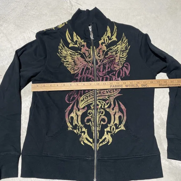 Y2K Harley Davidson Women's SZ L Sweatshirt Black Collar Applique Zip AOP - Image 5