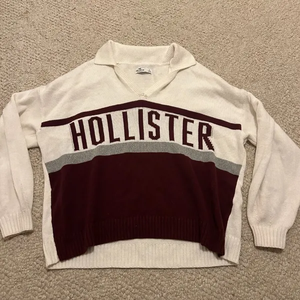 Hollister off white maroon collared Retro Sweater Women size Large - Image 5