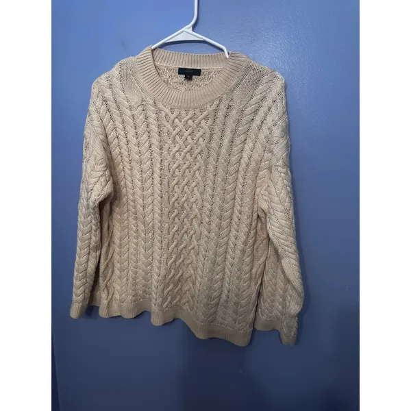 J.Crew Cotton-Cashmere‎ Cable-Knit Relaxed Crewneck Pullover Sweater Size M - Image 2