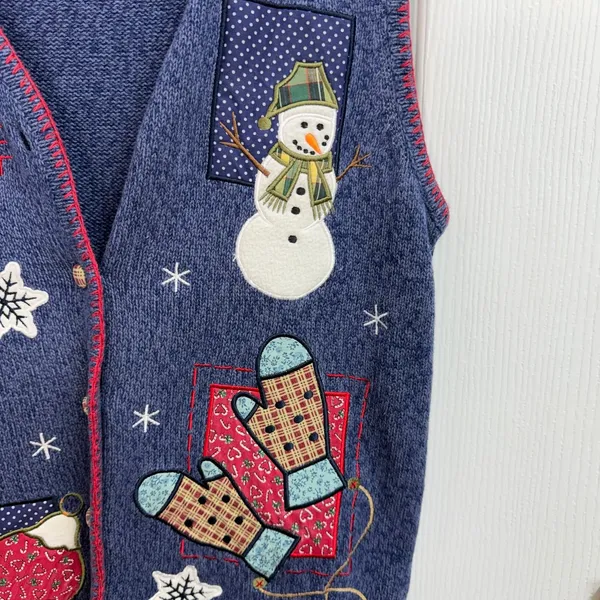 Vintage Crystal Kobe blue knit patchwork button down sweater vest Christmas M Size M - Image 4