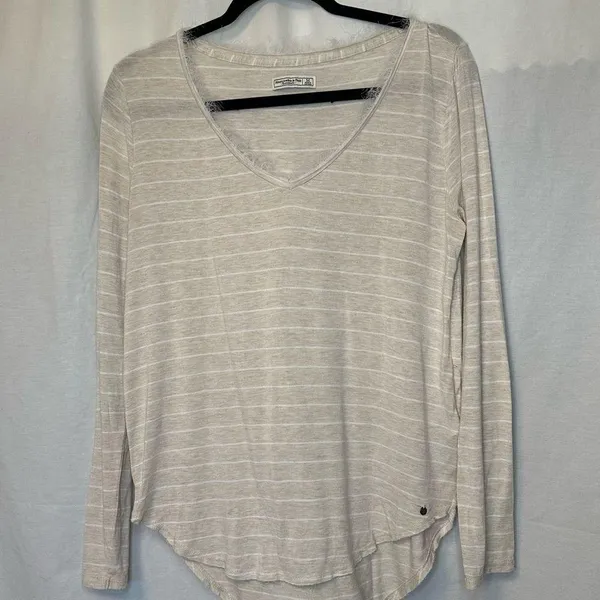 Abercrombie & Fitch A&F Long Sleeve V-Neck Striped Tunic Fringe Accent M - Image 2