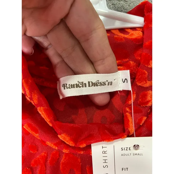 Ranch Dress’n Mock Neck Layering Shirt Red Orange Floral Burnout Small New - Image 5