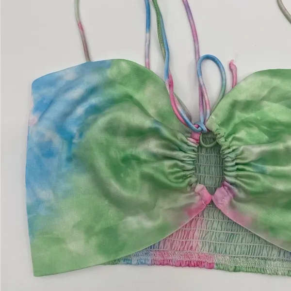 Revolve Superdown Laurena Tie Front Top in Pink Multi Tie Dye Strappy Crop Top S - Image 3