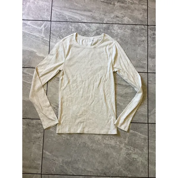 Quince NWOT Organic Cotton Ribbed Long Sleeve Crew Neck Top Oatmeal Beige Small - Image 2