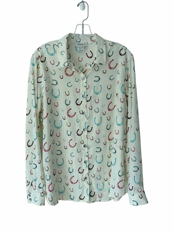 Ariat Western Horseshoe Print Cream Ivory Button Down Blouse Top Large - Image 4