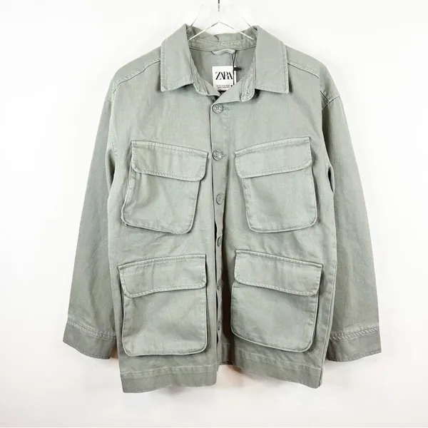 NWT ZARA Women's The Utility‎ Oversized Shirt Chore Jacket XS Green Utility Chic - Image 2