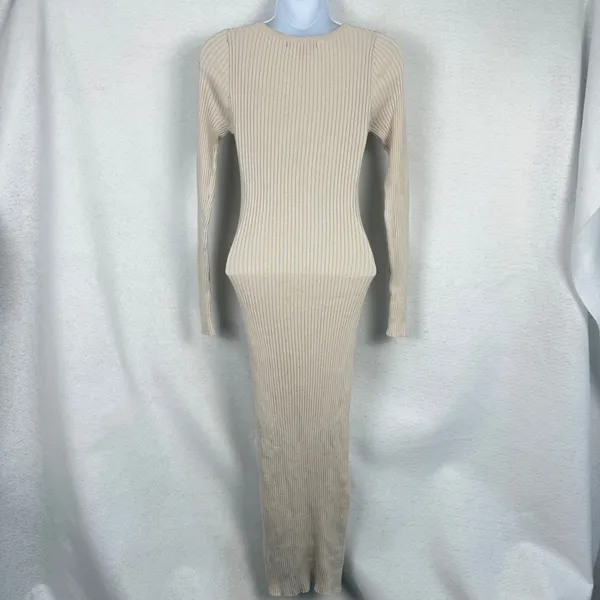 Maxi Bodycon Dress Womens Small Ribbed Knit Long Sleeve Scoop Neck Beige Tan - Image 3