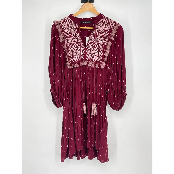 NWT Zara‎ Boho Embroidered Tassel Mini Dress XS Wine Red Peasant - Image 3