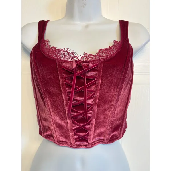 Victoria's Secret Corset Top Womens Medium Burgundy Velvet‎ Dream Angels Bustier - Image 2