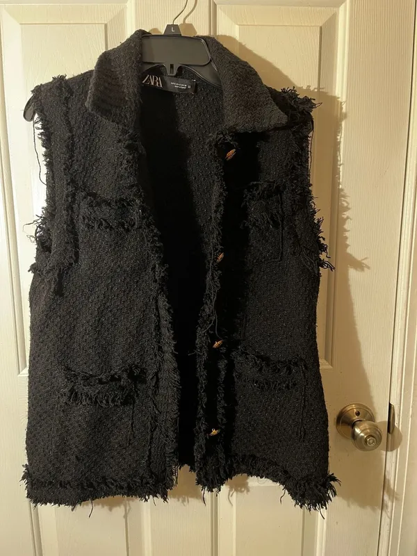 Zara Black Textured Tweed Waistcoat with Frayed Trims and Gold Buttons - Image 2