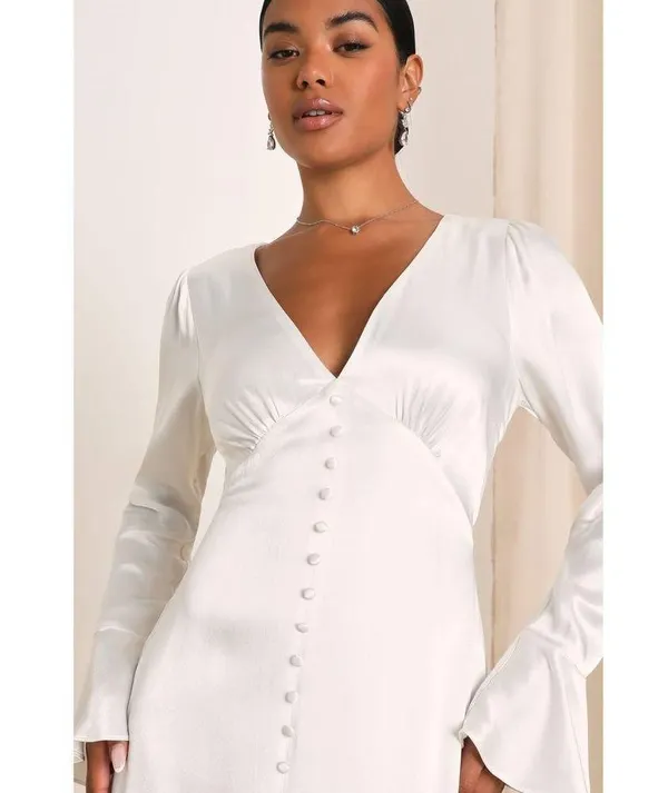 Lulus Elegant Celebration White Satin Long Sleeve Slip Maxi Dress Bridal Size M - Image 2