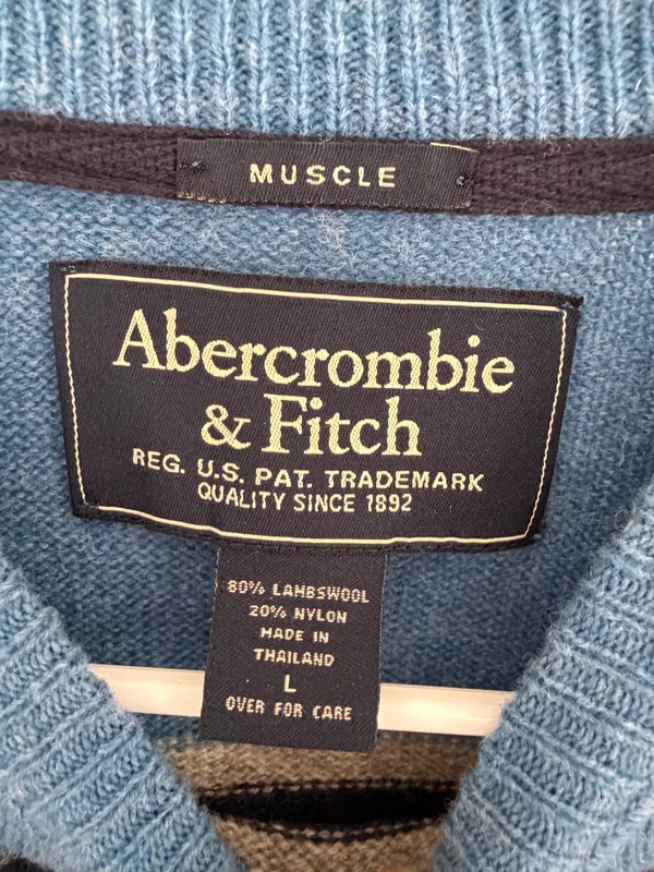 Abercrombie & Fitch Men's Sweater Lambswool Blend Blue Striped L Muscle Y2K VTG - Image 4