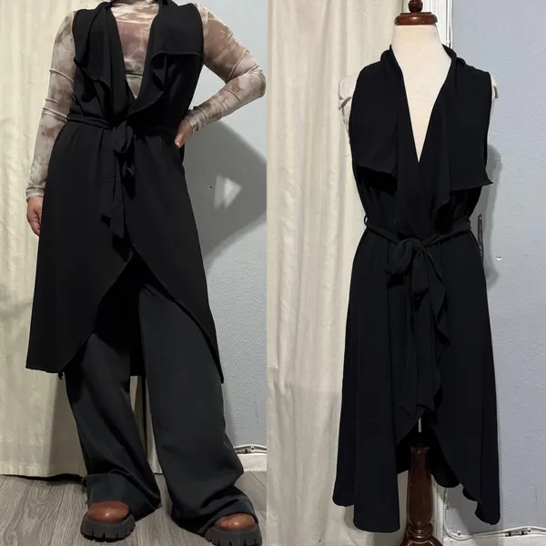 RMD Los Angeles Black Sleeveless Waterfall Duster Vest Belted Open‎ Front Small - Image 2