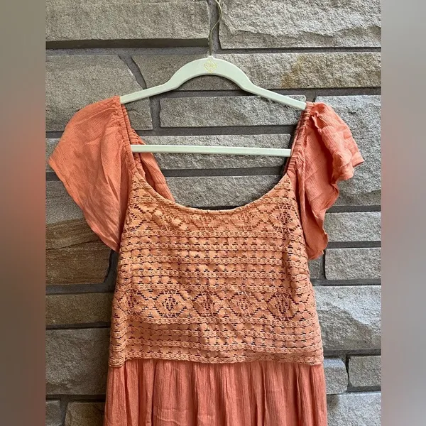 Sincerely Jules Milkmaid Tiered Maxi Dress Sleeveless Flutter Sleeve Coral Large - Image 7