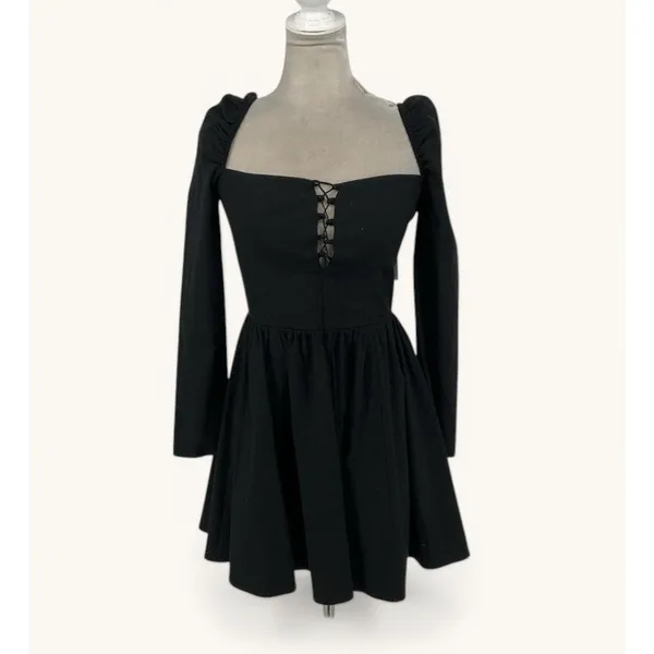 Reformation Johnny Mini Dress Womens 6 Black Square Neck Lace Up Cotton NWT - Image 8
