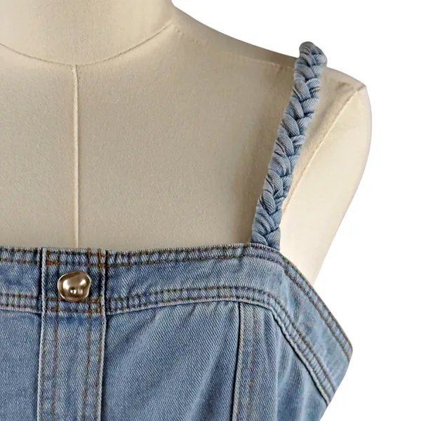 Storia Back At It Denim Braided Strap Belted Mini Dress Pockets - Image 4