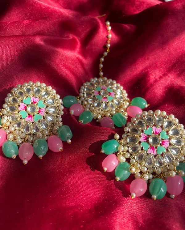 Pink and Turquoise Earrings with Tikka - Image 3
