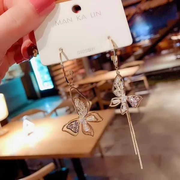 Crystal Butterfly Tassel Dangle Drop Earrings for Women - Image 2