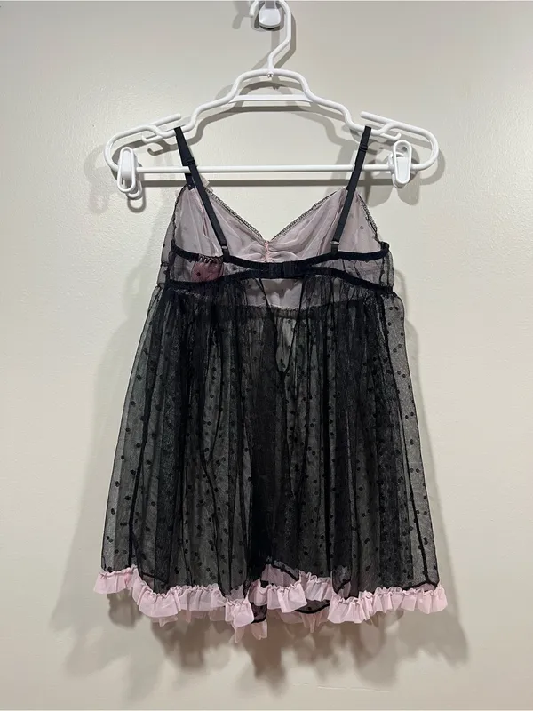 Victoria's Secret Black & Pink Sheer Polka Dot Babydoll Chemise Size Small - Image 6