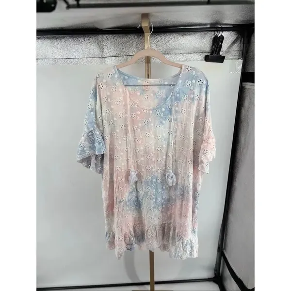 Surf Gypsy Eyelet Tie Dye Tassel Beach Dress Ruffle Flutter Sleeve M - Image 7