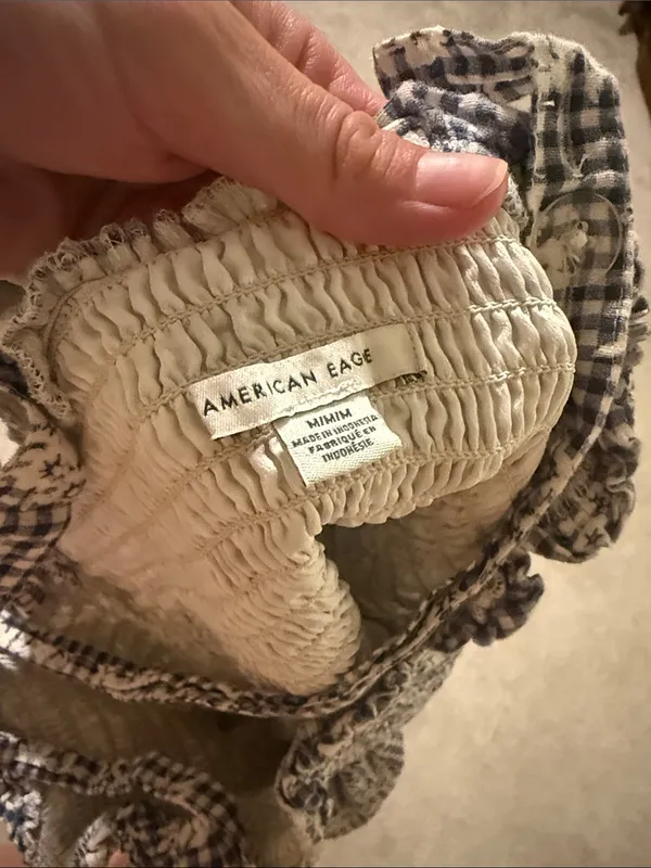 American Eagle Cream Smocked mini dress with Blue Plaid floral pattern - Image 3