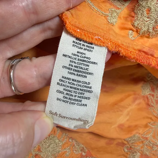 Soft Surroundings Size-L Maxi Dress Orange Tie Dye Metallic Gold Embroidered - Image 9