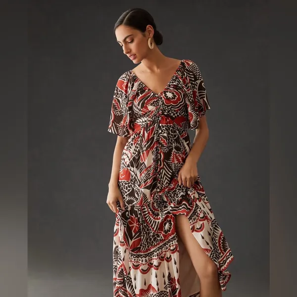 👗🌟Anthropologie Tiered Maxi Dress XS Boho Cutout Flutter Sleeve Red Black Print - Image 5