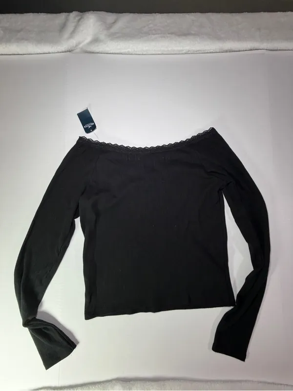 Hollister Black Ribbed Off-Shoulder Long Sleeve Top - Image 5