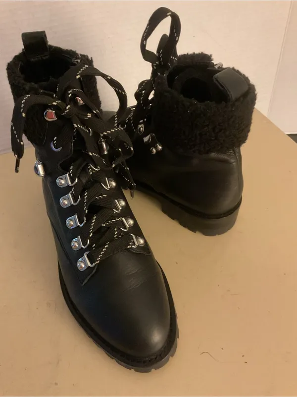 Rebecca Taylor women Black leather Lace-Up Faux Shearling Combat Boots uS 7 - Image 5