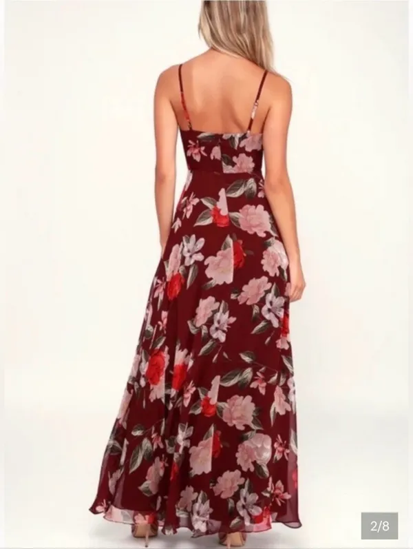 Lulus Into Bloom Burgundy Floral Print Maxi Dress size X Small - Image 3