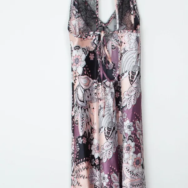 Linea Donatella Floral Paisley Lace‎ Trim Chemise Slip Dress M Purple Pink Satin - Image 8