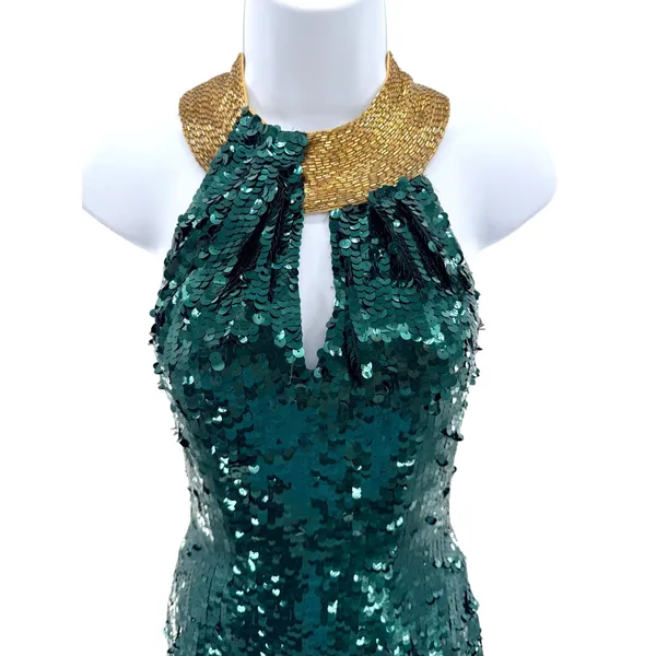 VTG 100% Silk Green Sequin Keyhole‎ Cocktail Dress Open Back Gold Bead Neck 2 - Image 2