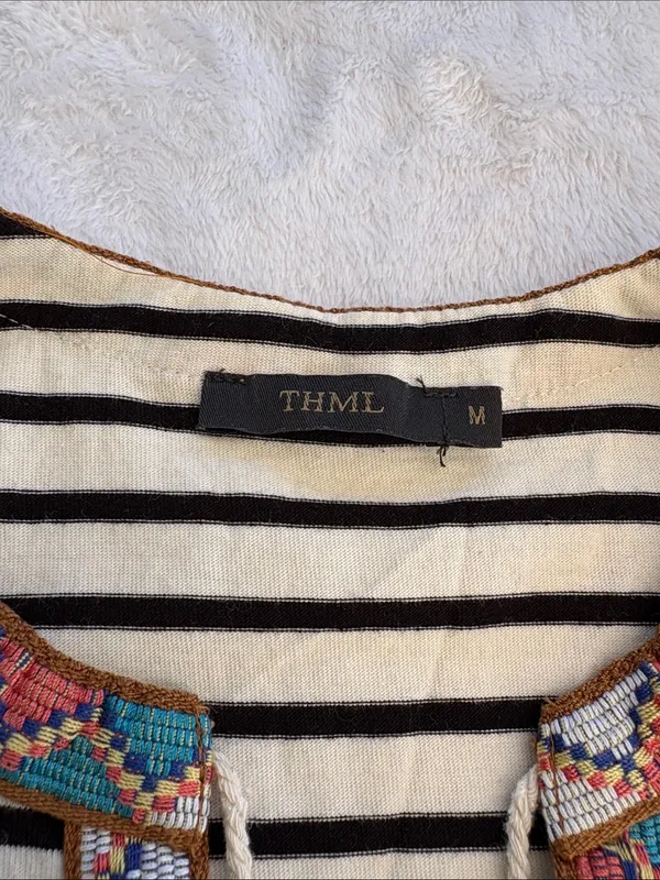 THML size medium Striped Sleeveless Embroidered Trim tank top black white - Image 2
