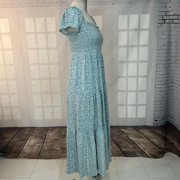 Daily Practice Anthropologie Blue and White Chevron smocked tiered Maxi Dress Si - Image 8