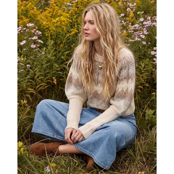 Free People Wool Fair Isle Puff Sleeve Sweater Home For the Holidays Small - Image 6