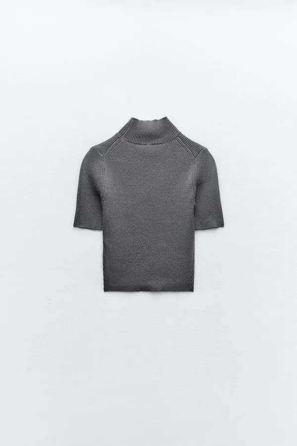 ZARA Gray Short Sleeve  ribbed knit Top - Image 3