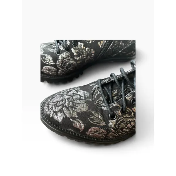 Jimmy Choo Floral Brocade Combat Boots 38.5 Black Silver Metallic Whimsigoth - Image 3