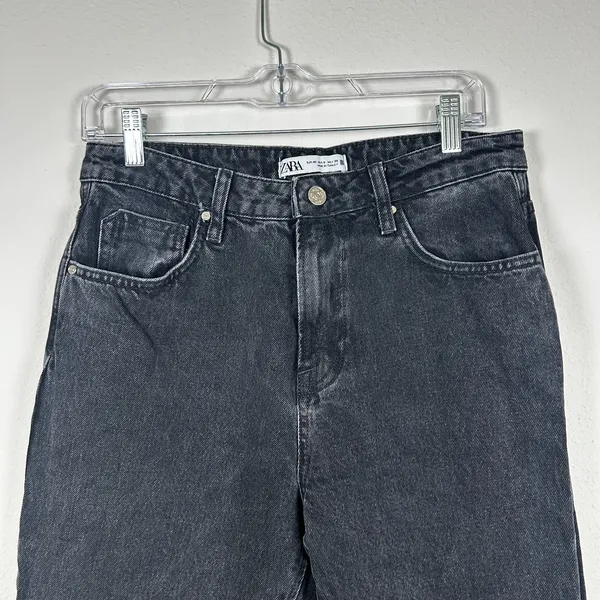 ZARA Acid-Wash black denim high-waist straight leg raw hem jeans Size 8 US‎ - Image 4