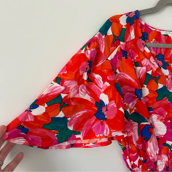 Anthropologie Abel the Label Red Pink Floral Smocked Waist Hi Lo Ruffle Dress M - Image 4
