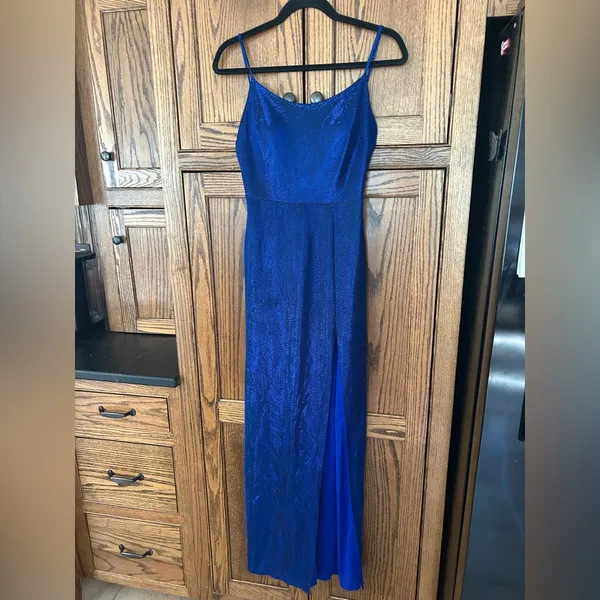 B Darlin Womens Juniors‎ Blue Sparkle Leg Slit Evening Gown Dress SIZE 3/4 - Image 2