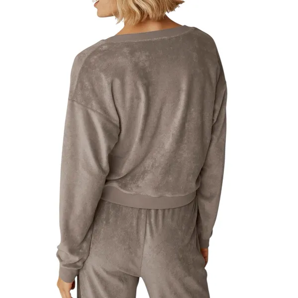 Beyond Yoga Tropez Crop Pullover Size XL Terry Cloth Birch Brown Slouchy V Neck - Image 2