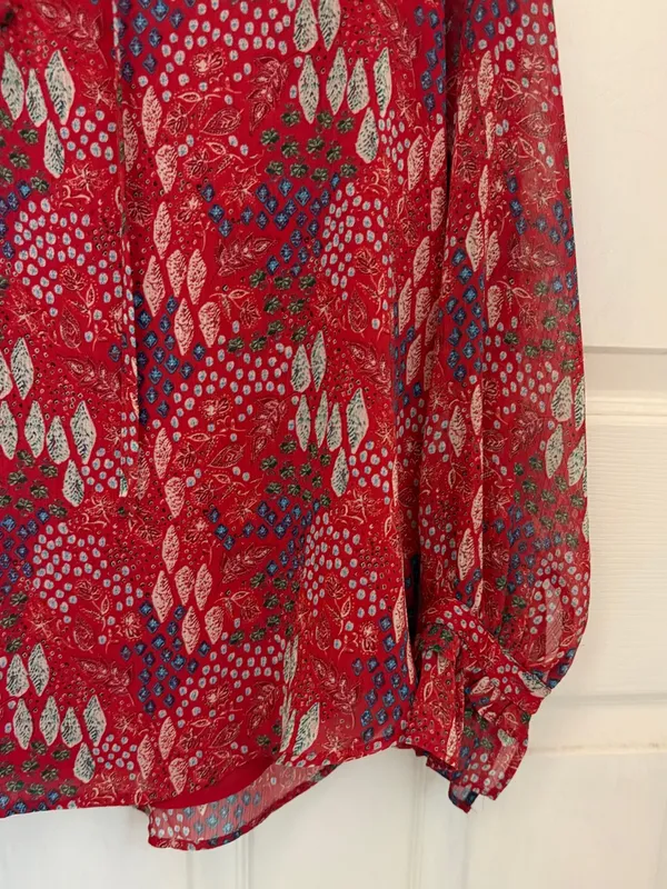 LOFT Long Sleeve Printed Red Top with Ruffle Trim - Image 5